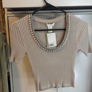 H&M NWT Beige Ribbed Crop Top with Pearl & Rhinestone Accents